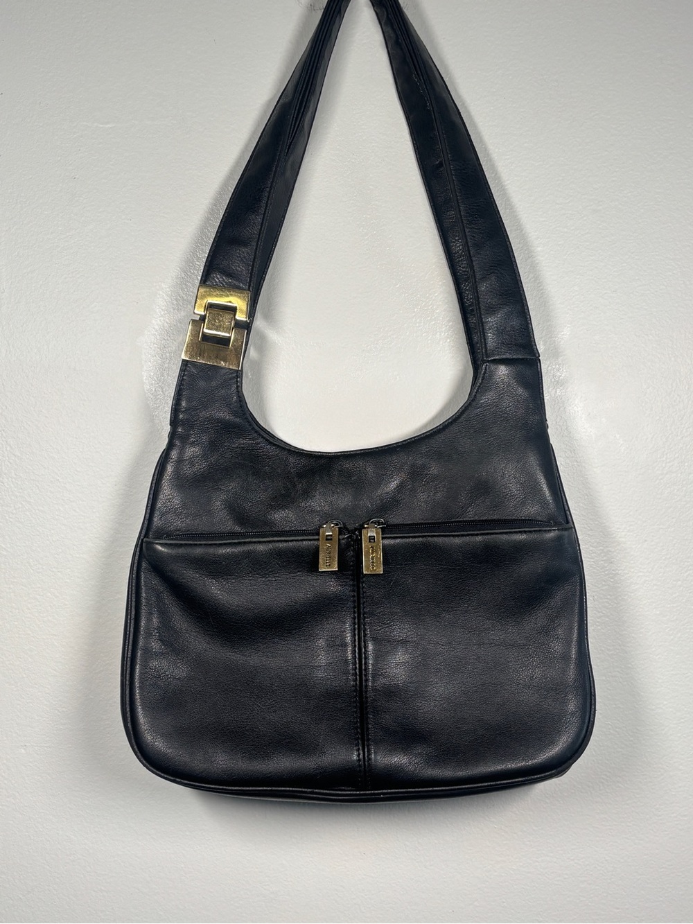 Vintage Aurielle Black Leather Shoulder Bag with Gold Hardware